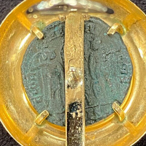European Etruscan Bronze Roman Coin 14KT Yellow Gold Earrings - Picture 7 of 8